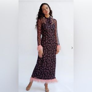 HVN Elisa feather trimmed printed silk chiffon midi dress